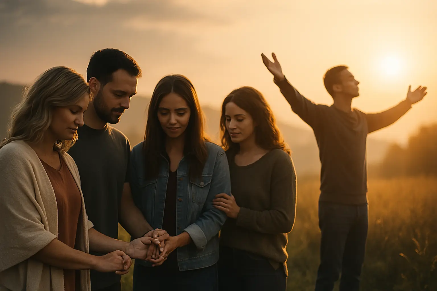 A group of people praying together in a sunlit field at sunrise, symbolizing unity, healing, and faith through Jesus Christ